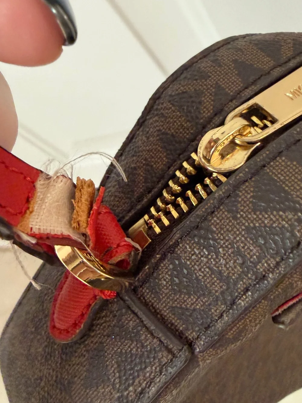 Michael Kors Brown and Red Chain-Accent Shoulder Bag one strap needs sewn pix